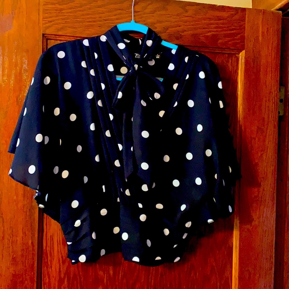 Polka dot wrap top with tie at neck